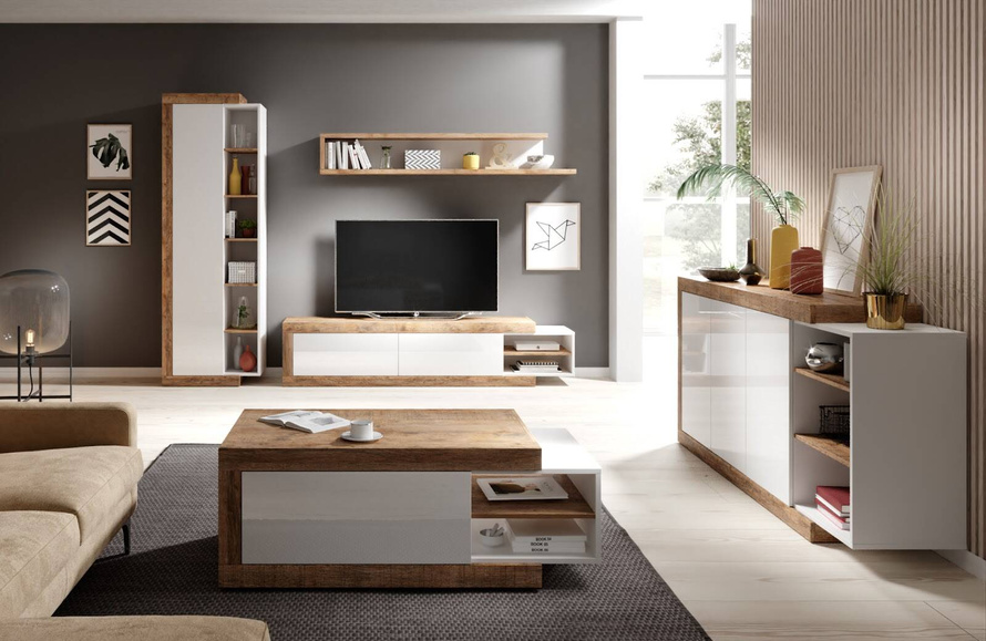 Sintra Couchtisch 120 cm Weiß Hochglanz / Eiche Samdal