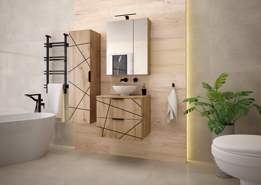 WOOD-02 - Waschbeckenunterbau mit 2 Schubladen 60 cm Wotan Eiche Set-1
